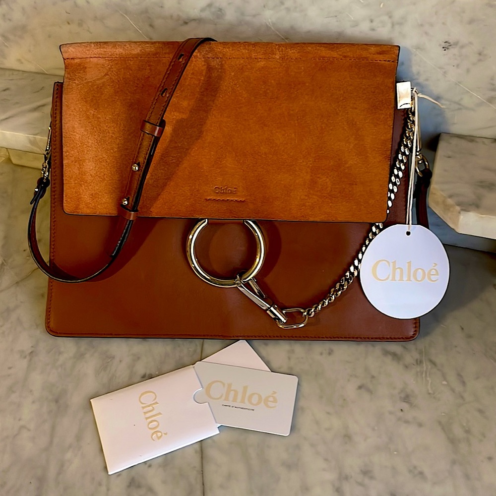 New Chloé Medium Faye Shoulder Bag Leather and Rough Out Suede (Classic Tobacco)